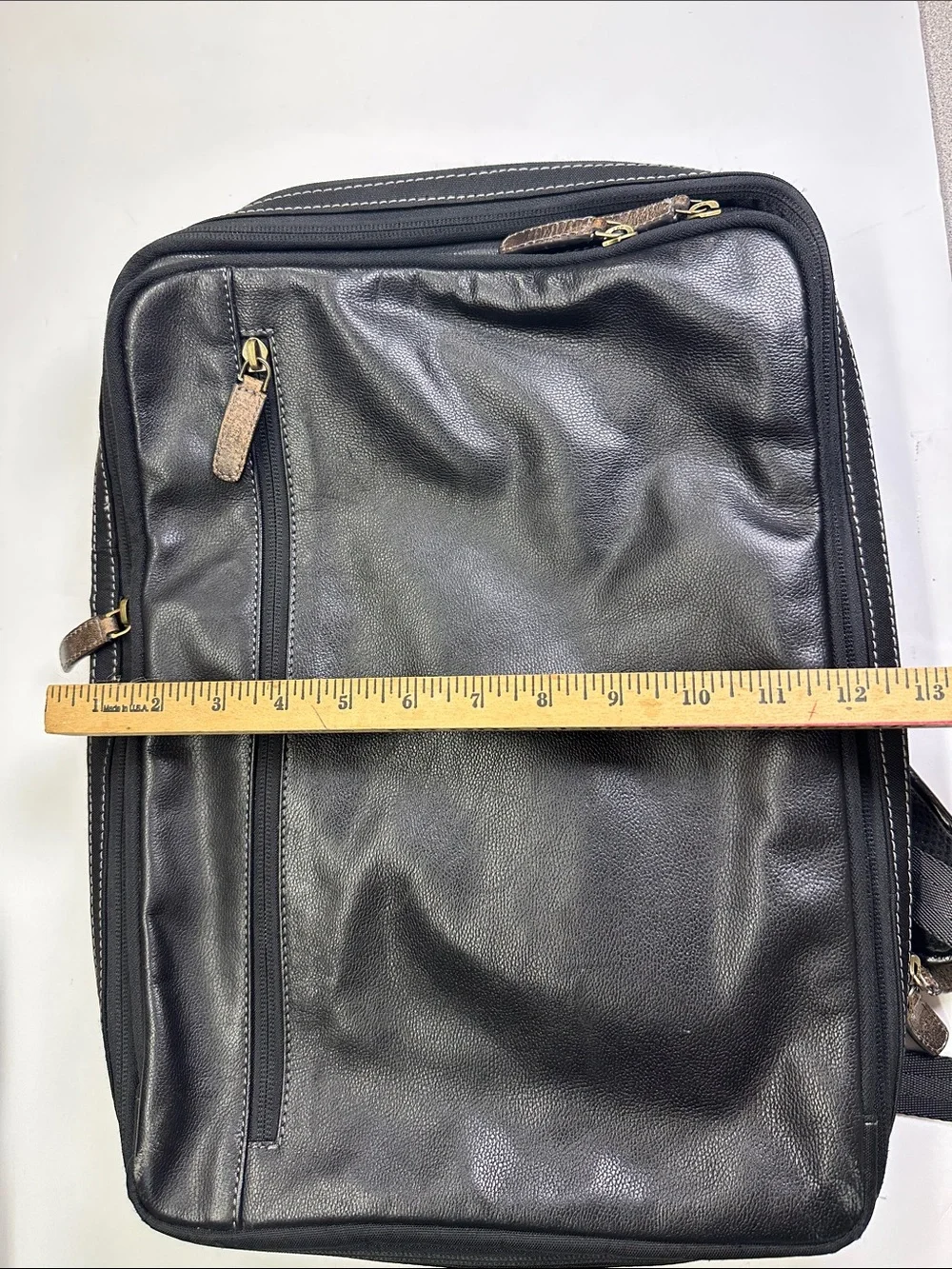 Boconi Black Leather City Backpack, Laptop Case, Travel Bag, Zippered Storage